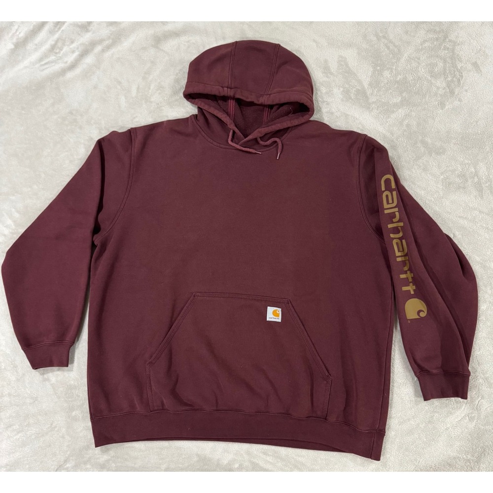Carhartt Mens Loose Fit Midweight Sleeve Logo Hoodie Burgundy Maroon 2XL